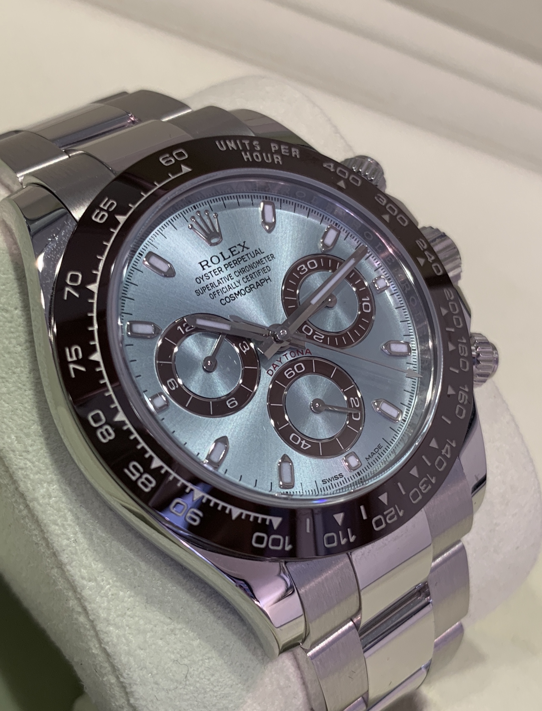 Rolex Daytona in Platinum with the stunning ice blue dial 116506 Carr Watches