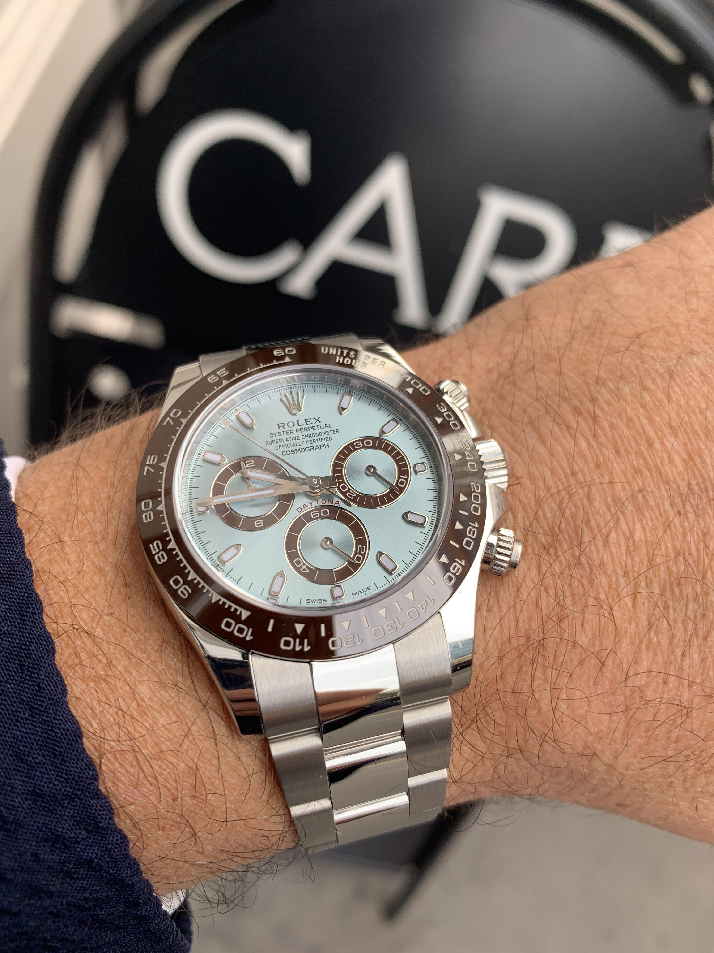 Rolex Daytona in Platinum with the stunning ice blue dial 116506 Carr